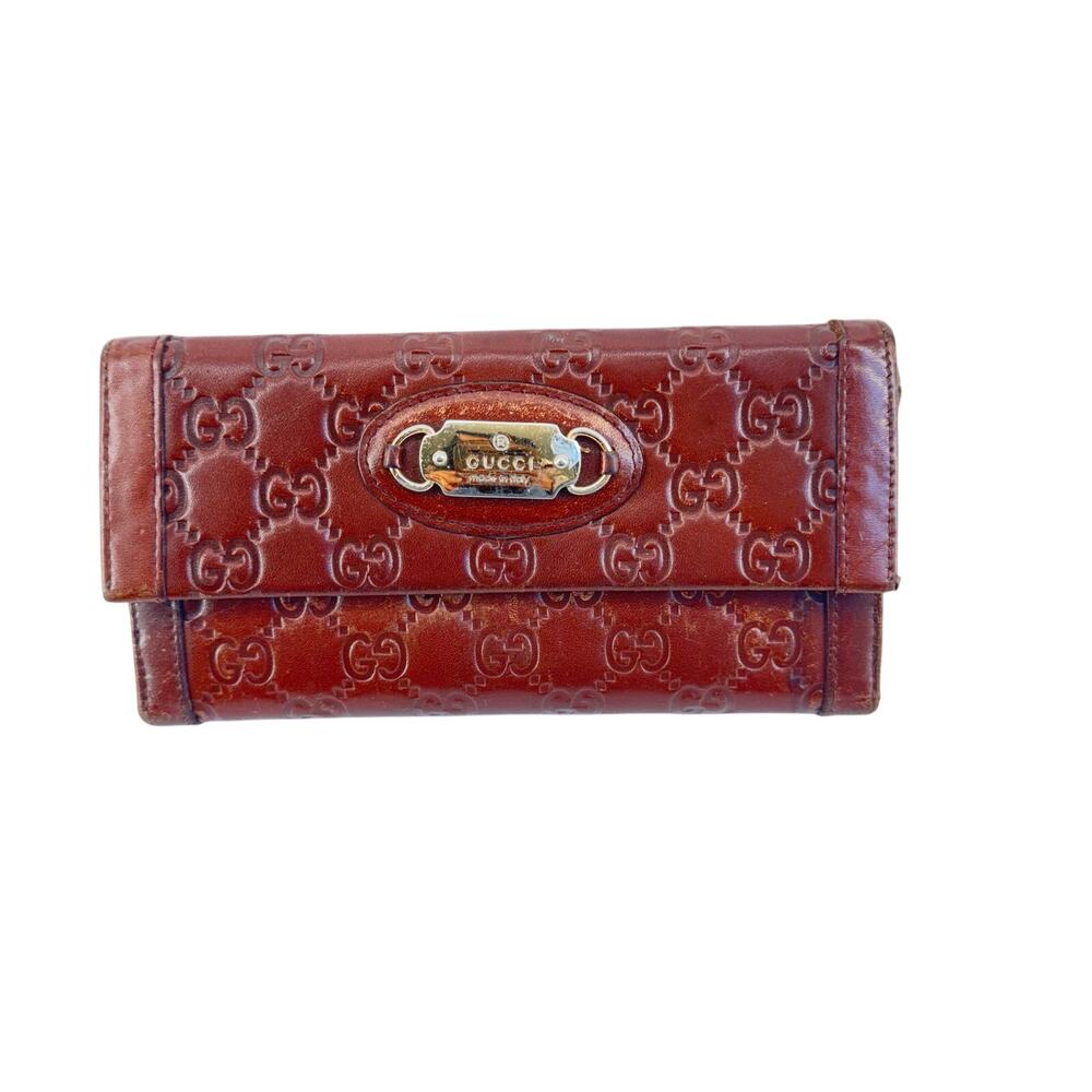 Gucci Guccissima Brown Leather Continental Wallet Gold Logo Plate Vintage